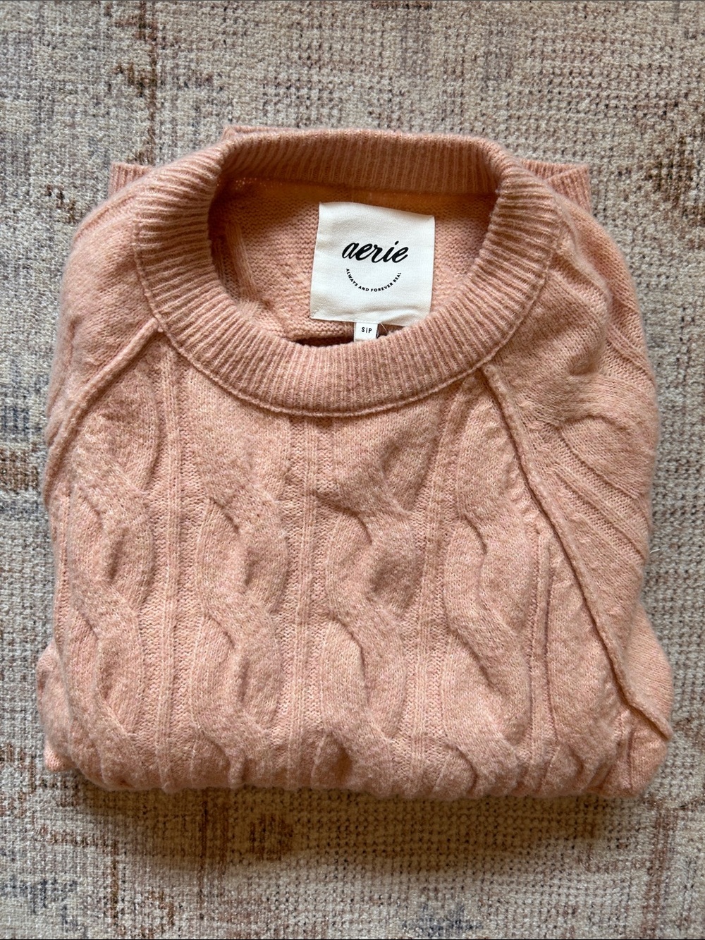Aerie Oversized Cable Knit Crew Sweater in Dusty Pink
